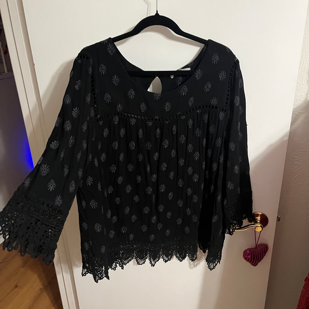 3X Daniel Rainn Black Crochet-Hem Embroidered Peasant Top - Picture 5 of 9